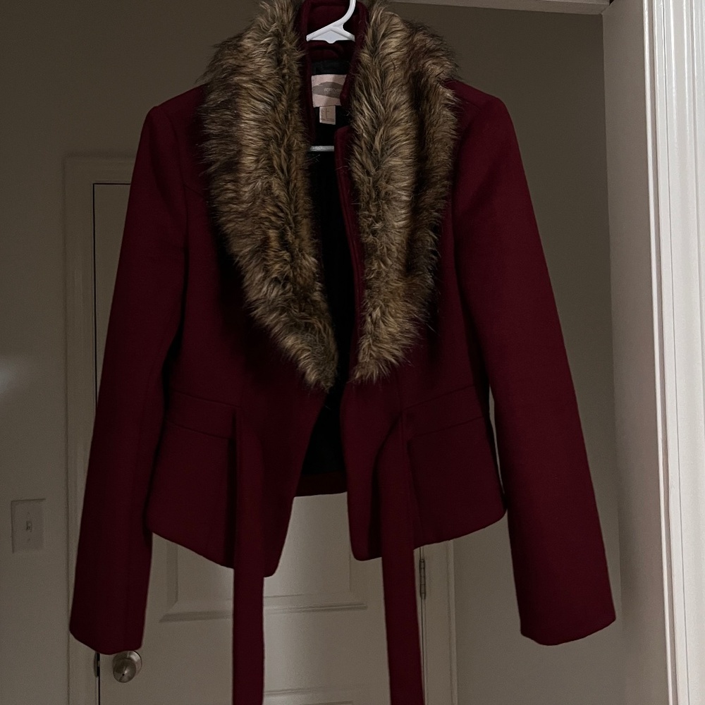 Burgundy coat with fur collar